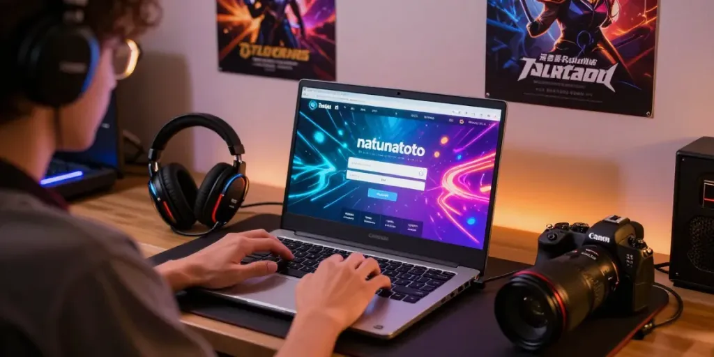 Proses natunatoto login di platform permainan dengan laptop dan aksesori gaming.