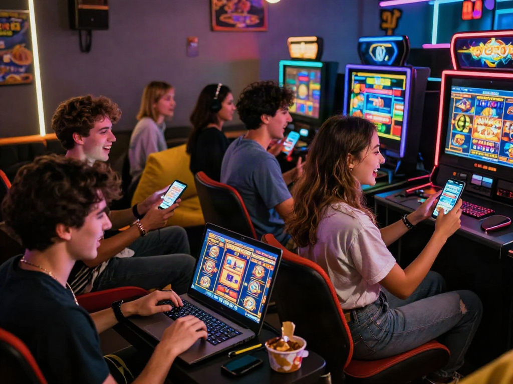 Para pemain agen slot online yang bersemangat bermain bersama di ruang gaming yang cerah.