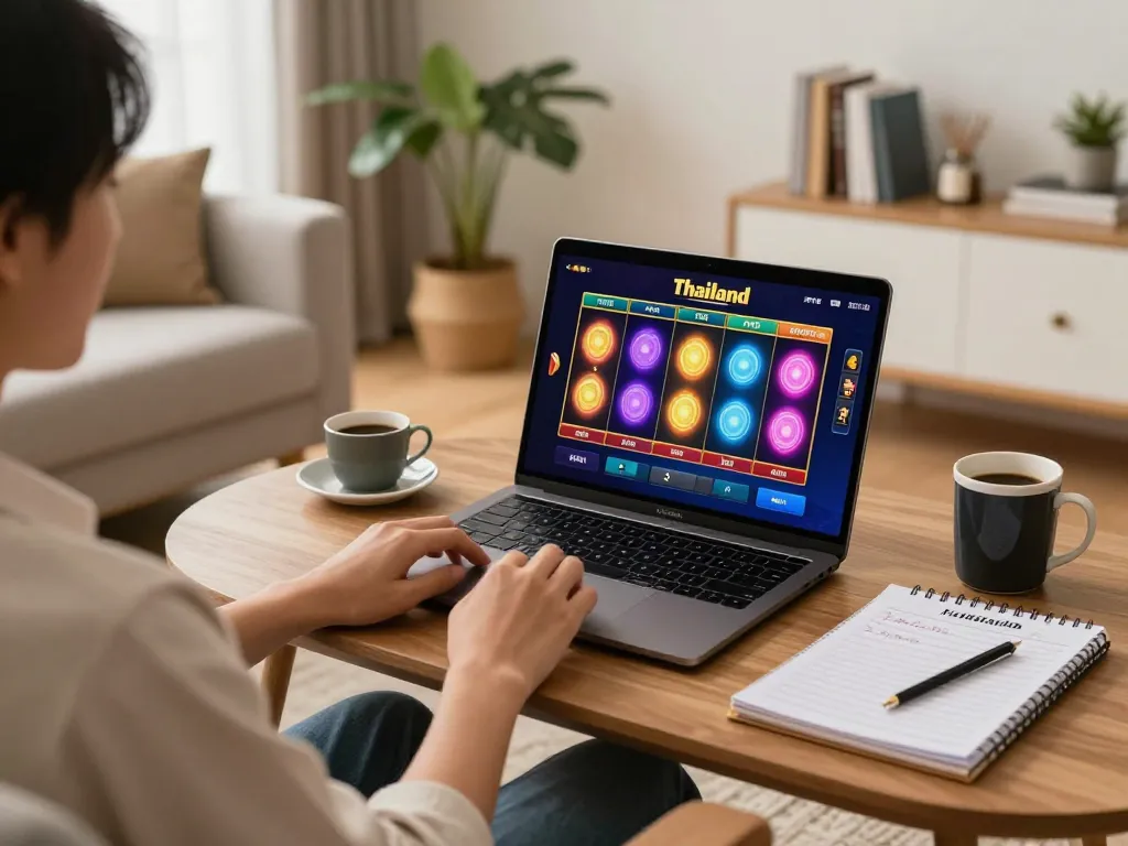 Person enjoying slot thailand game on laptop in a cozy home environment, surrounded by strategy notes.