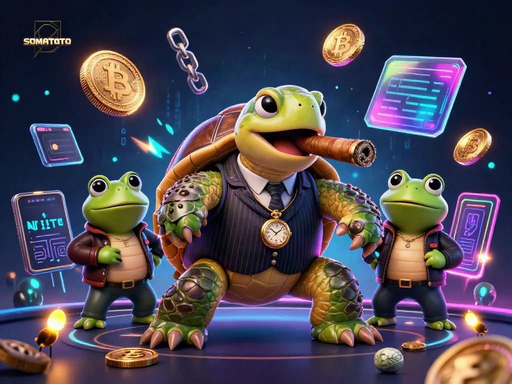 SOMATOTO's dynamic casino scene featuring a mobster turtle with crypto coins and fireflies.