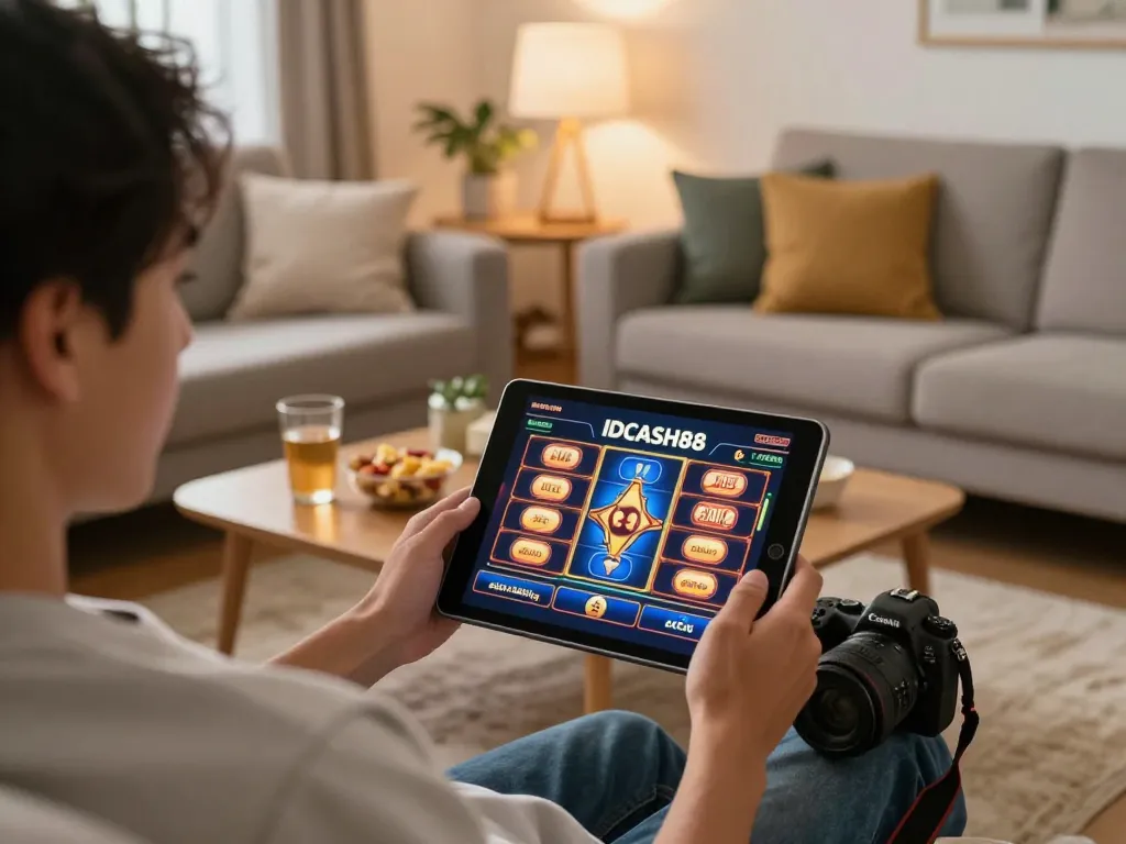 Player enjoying slot games on IDCASH88 tablet in cozy living room with snacks.