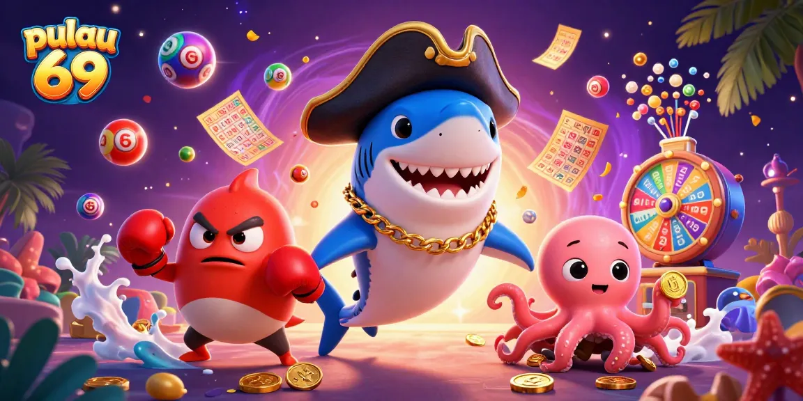 Pulau 69 showcases an exciting 3D casino scene with a pirate shark, pufferfish, and octopus, illustrating thrilling lottery action.