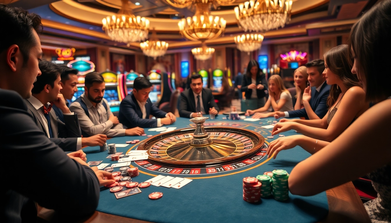 Players enjoying a thrilling game at a kuwin casino table with vibrant chips and cards.
