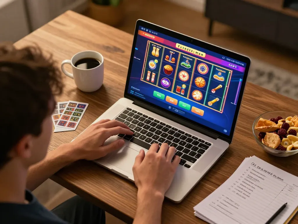 Engaging Go8 casino gameplay on a laptop, highlighting colorful slot games and a focused player at home.
