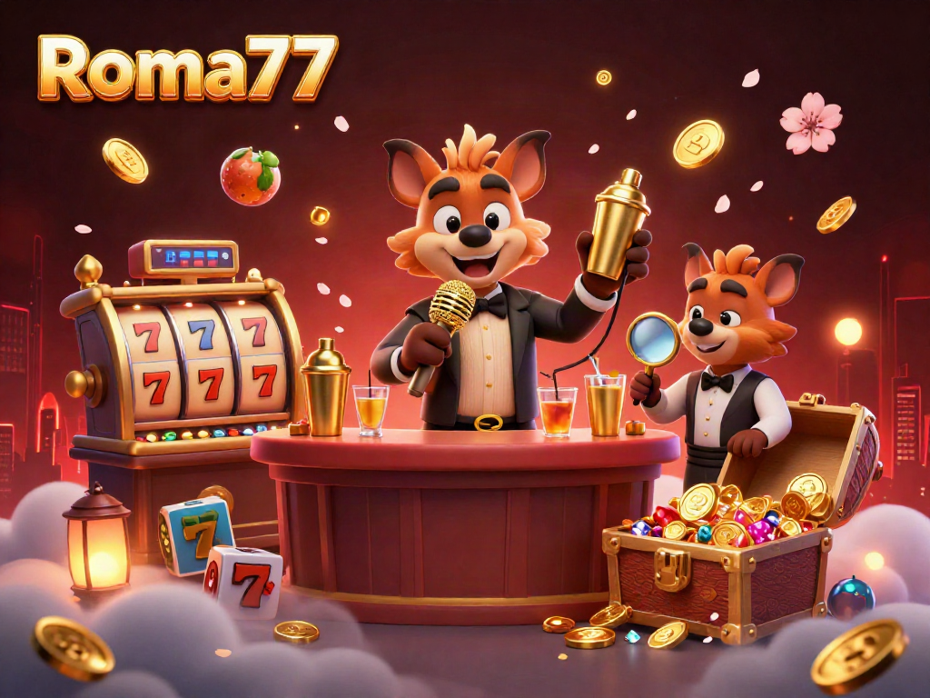Experience the excitement of Roma77 with a dynamic casino scene featuring hyenas in a comedy club atmosphere.