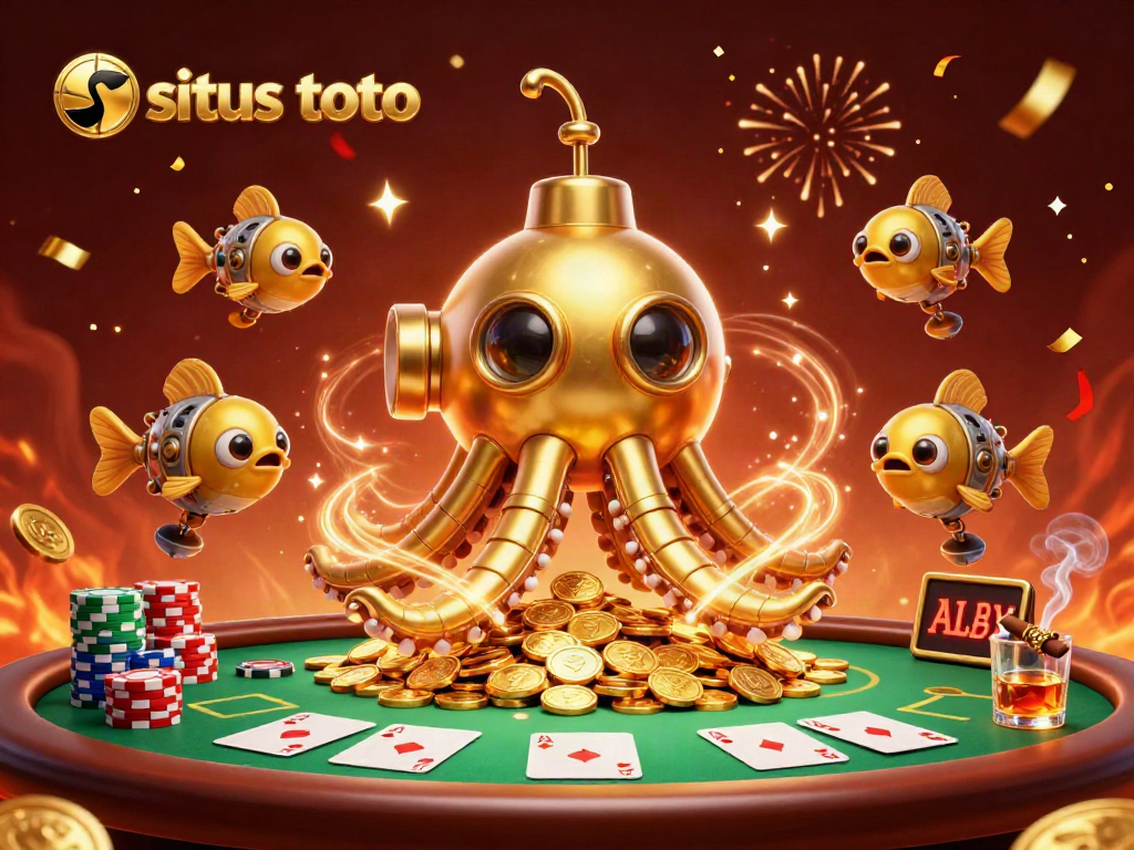Permainan situs toto menampilkan kraken emas dan kapal selam di lautan koin emas.