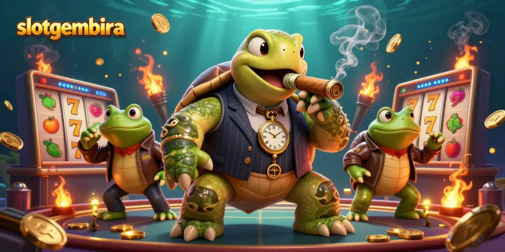 Spin the reels at Slotgembira as vibrant casino elements energize the scene with animated characters.