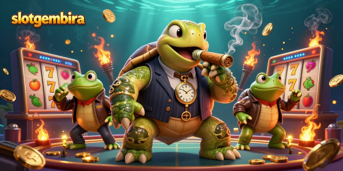 Spin the reels at Slotgembira as vibrant casino elements energize the scene with animated characters.