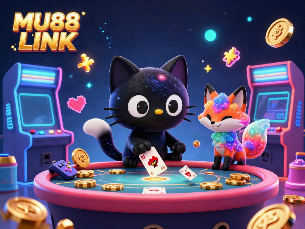 Engage with MU88 LINK at a cosmic casino table with vibrant gaming elements.