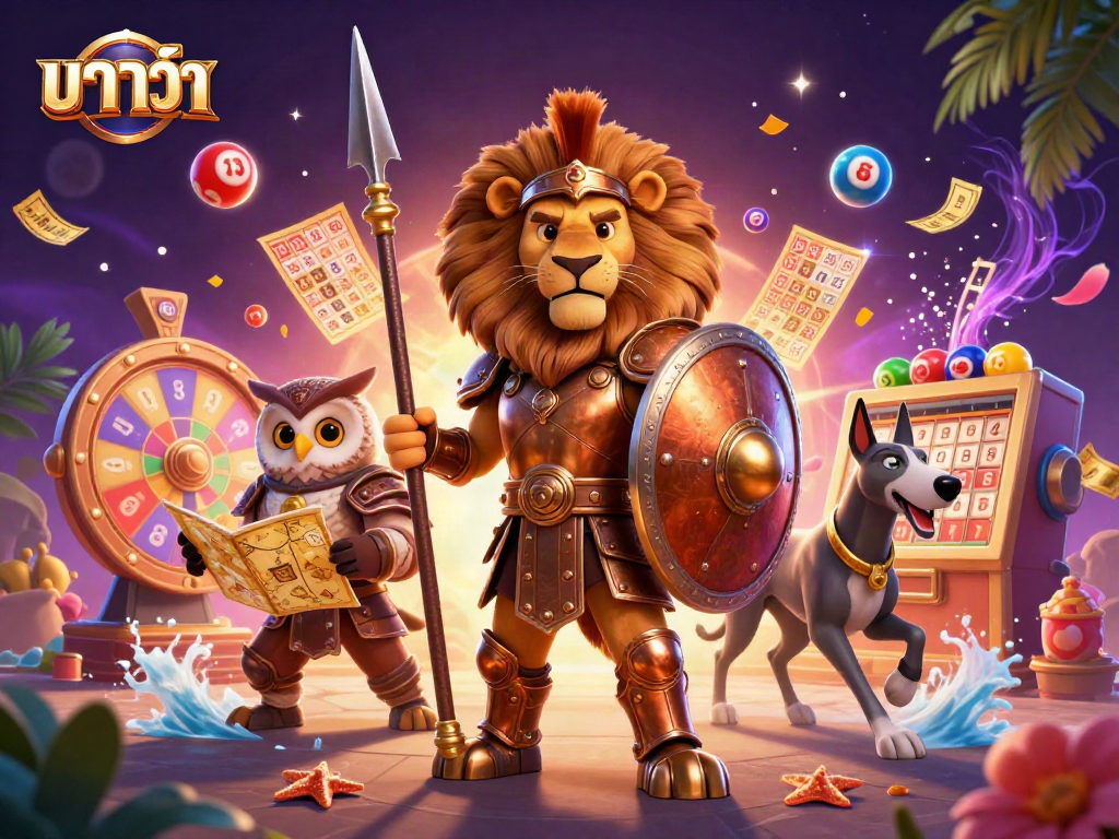 Experience the thrill of บาคาร่า with animated characters and vibrant lottery elements in this fantasy illustration.
