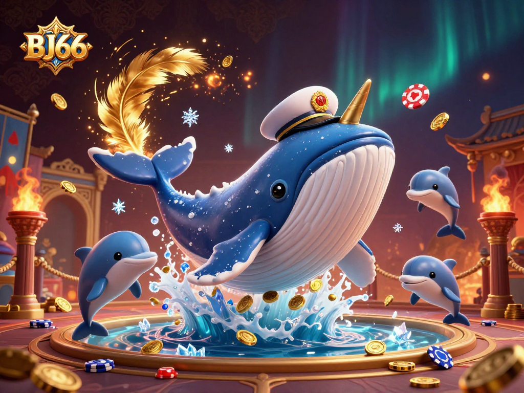 BJ66 features a dynamic casino scene with a whale in gold epaulettes and playful dolphins showcasing gambling excitement.