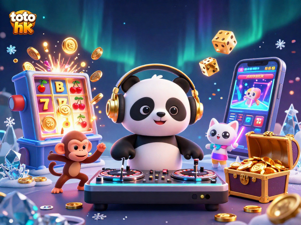 Bermain toto hk dengan DJ panda dan teman-temannya dalam ilustrasi kasino yang penuh warna.