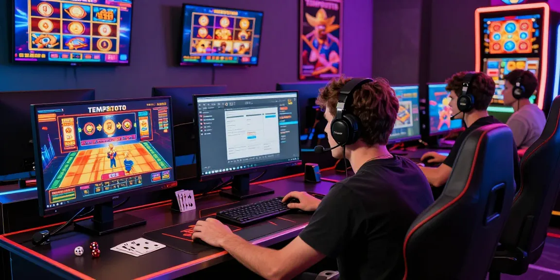 Engaged player enjoying TEMPOTOTO online slot games, surrounded by vibrant gaming accessories and illuminated screens.