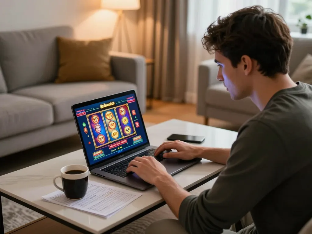Player enjoying online gaming session on ledaonline with vibrant slots and strategy notes.
