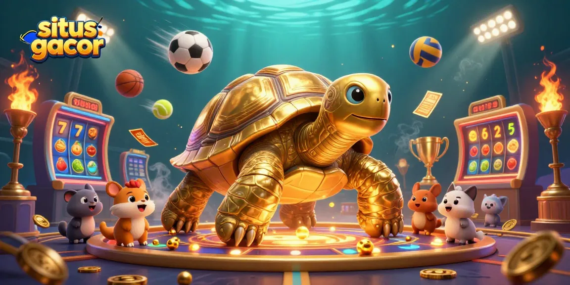 Situs gacor showcases an exciting casino scene with a tortoise pinball machine surrounded by vibrant gaming elements.