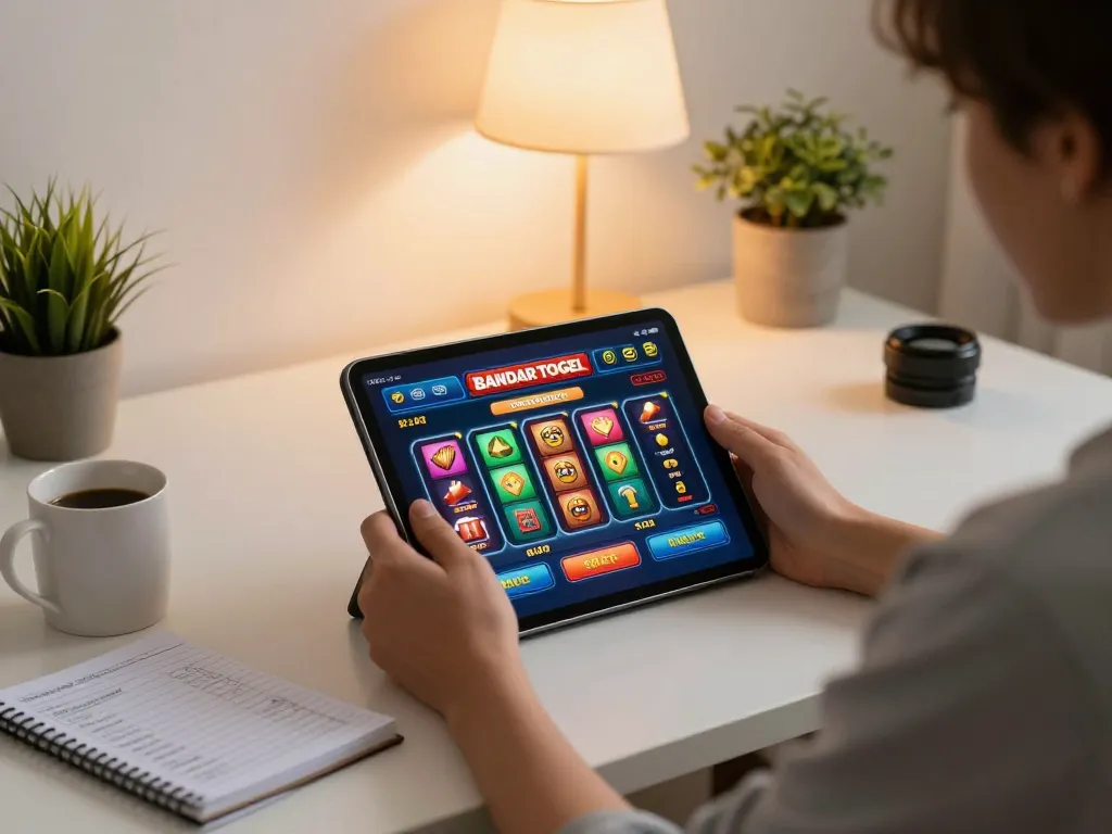 Berinteraksi dengan Bandar Togel Slot di tablet Anda dalam pengaturan kantor rumah yang stylish, menampilkan permainan strategis.