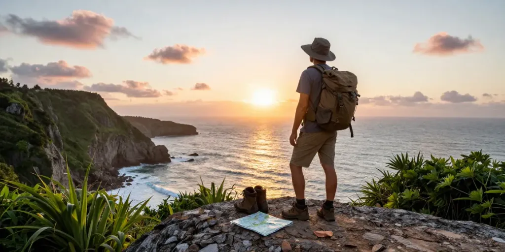 Traveler at a coastal viewpoint during sunset, capturing the essence of jebolwd exploration and adventure.