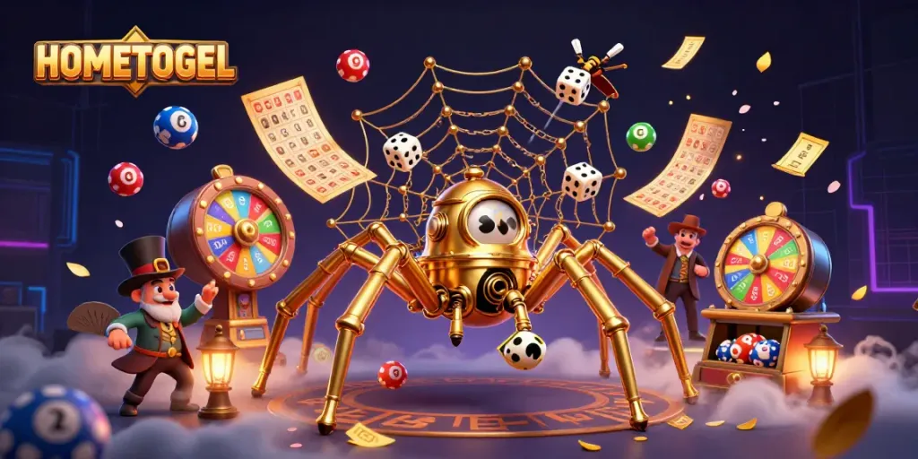 Play lottery with HOMETOGEL amid dynamic golden chains and vivid game elements in a rich casino scene.