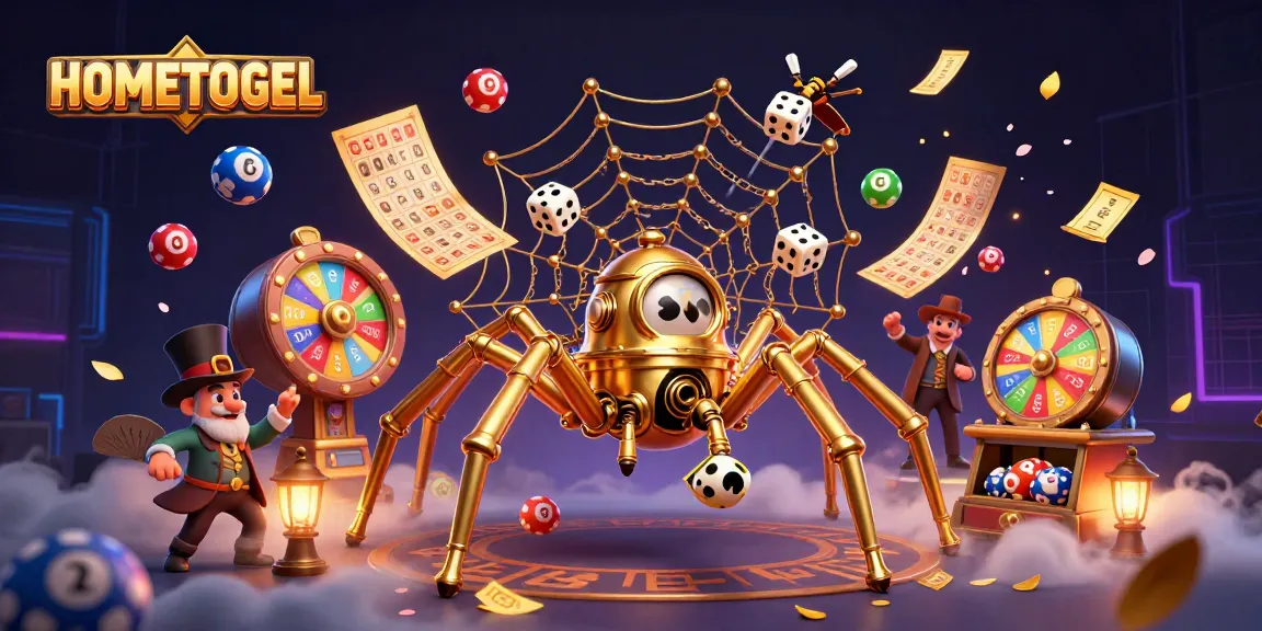 Play lottery with HOMETOGEL amid dynamic golden chains and vivid game elements in a rich casino scene.