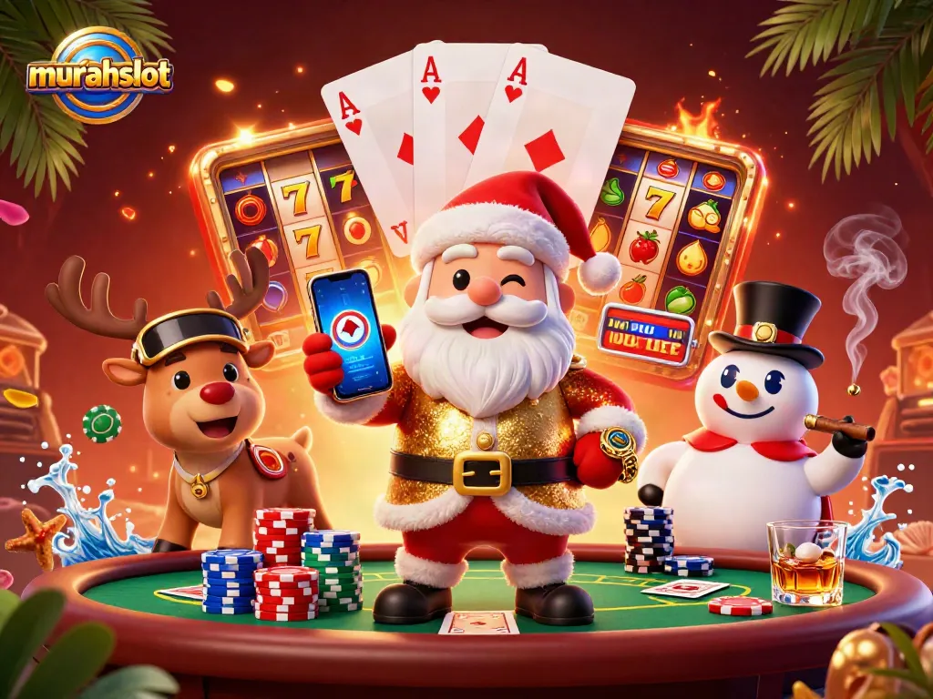 Play exciting slot games with murahslot featuring a 3D Santa promoting jackpots with vibrant casino elements.