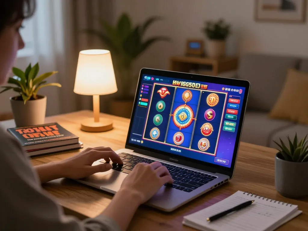 Pemain yang terlibat menikmati slot hwg500 di laptop dengan tampilan permainan yang berwarna-warni, pengaturan rumah yang nyaman