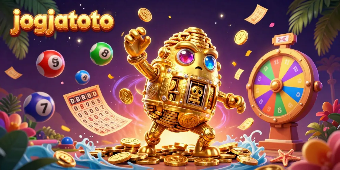 Experience the vibrant jogjatoto casino landscape filled with gold coins, lottery balls, and exciting game elements.
