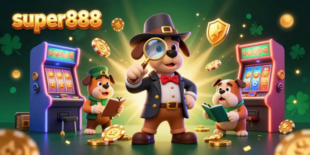 Nikmati keseruan bermain slot di super888 dengan petunjuk detektif kartun yang lucu mengungkap chip poker emas, dalam latar yang penuh visual ceria.