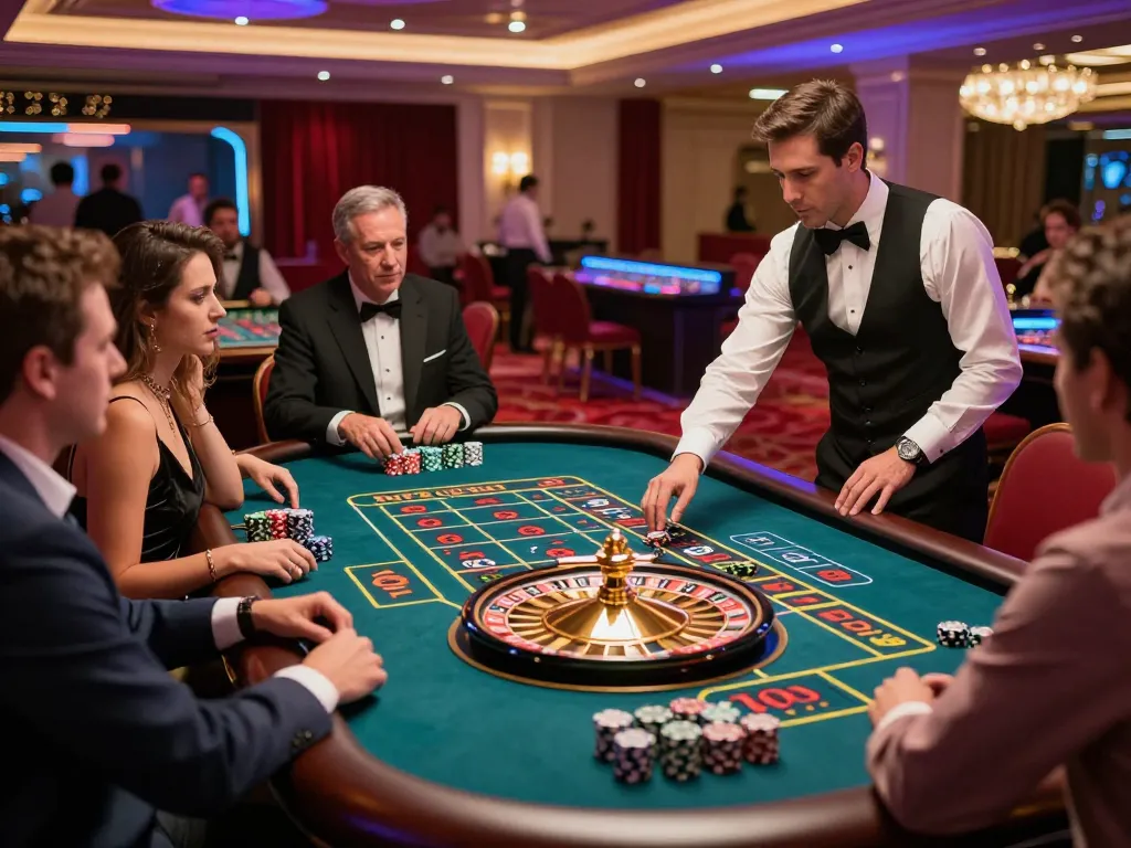 Engaging roulette gameplay at kerajaanslot casino with players placing bets and croupier spinning the wheel