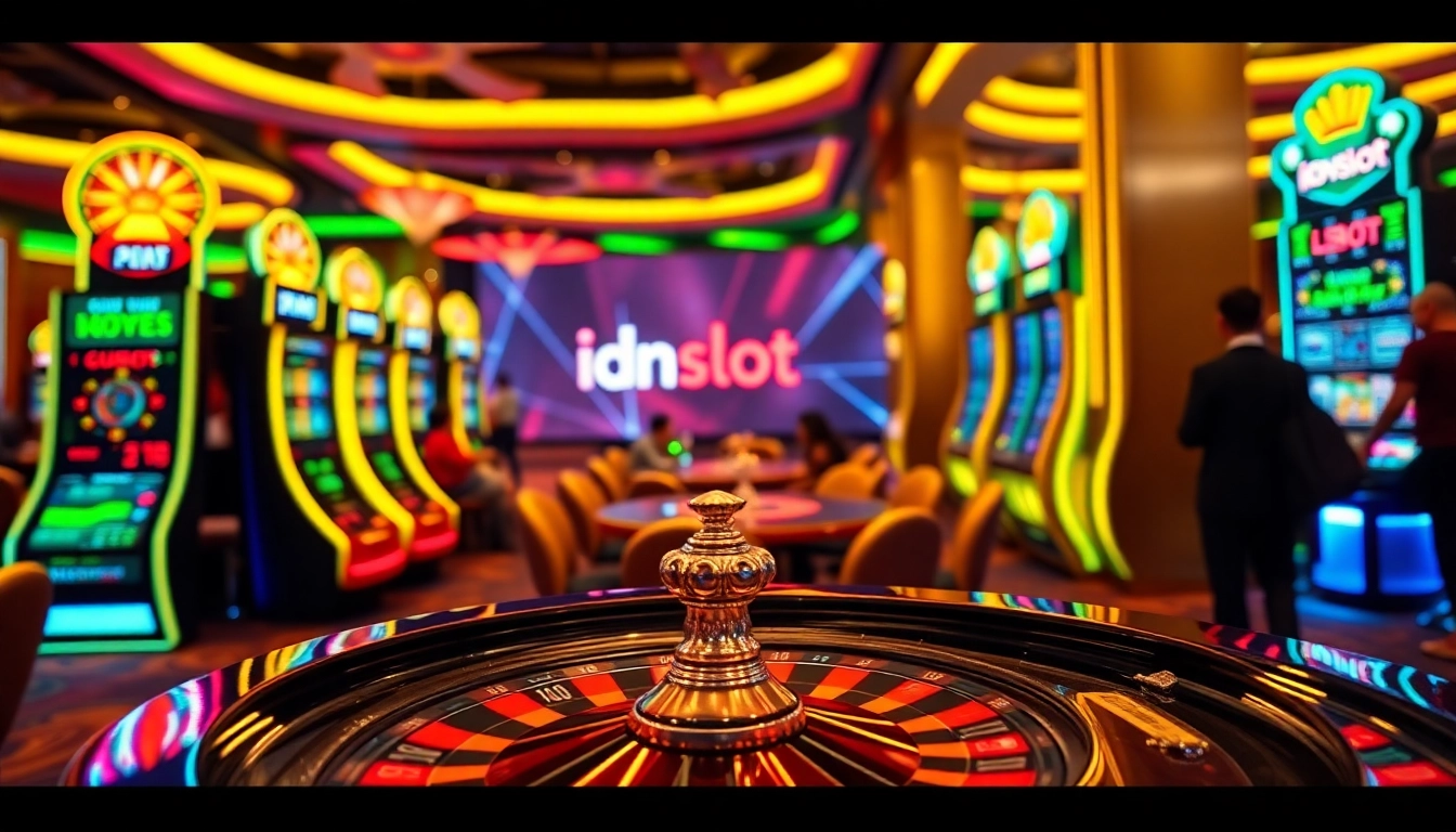 Excited players engaging with the idnslot machines in a vibrant casino atmosphere.