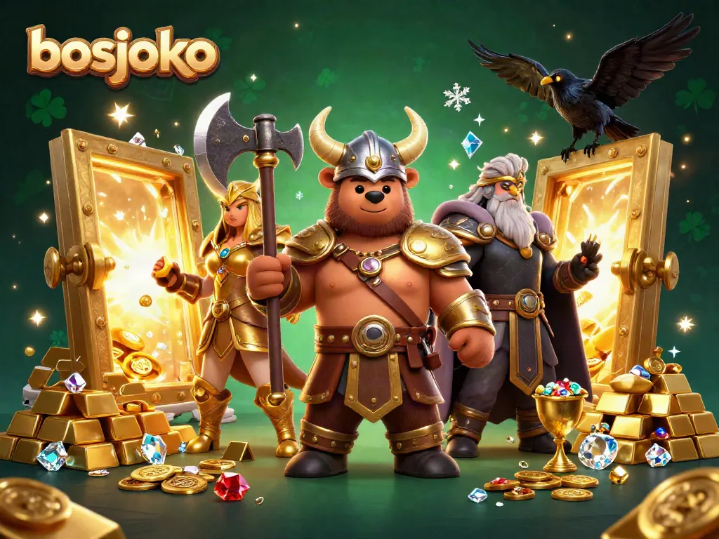 Experience thrilling gameplay at bosjoko with Viking characters battling for treasures in this dynamic casino scene.