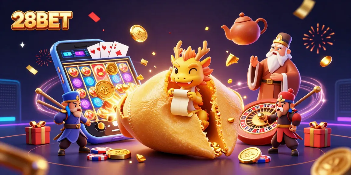 Engage with the dynamic world of 28BET featuring golden fortune cookies and animated gaming elements.
