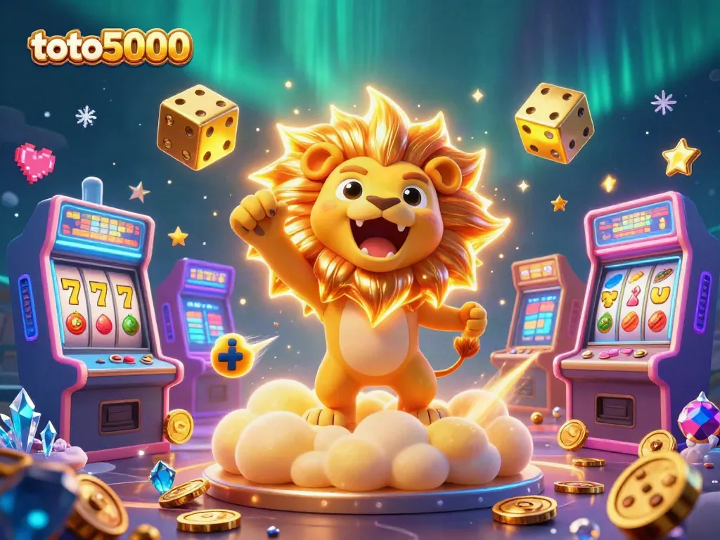 Engage in thrilling games at toto5000 with vibrant 3D illustration featuring golden dice and colorful slot machines.