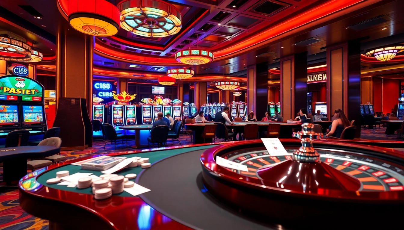 C168 players engaging in exciting games at a high-end casino, featuring vibrant slot machines and poker tables.