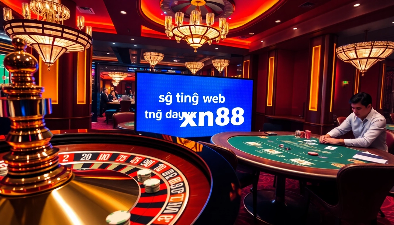 Sophisticated casino scene showcasing a roulette wheel and poker table, highlighting sơ đồ trang web xn88.