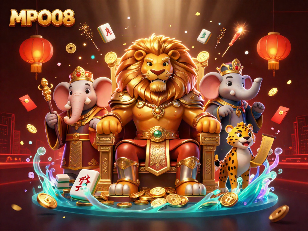 MPO08 offers a vibrant themed illustration of a lion king on a throne surrounded by festive elements representing gaming