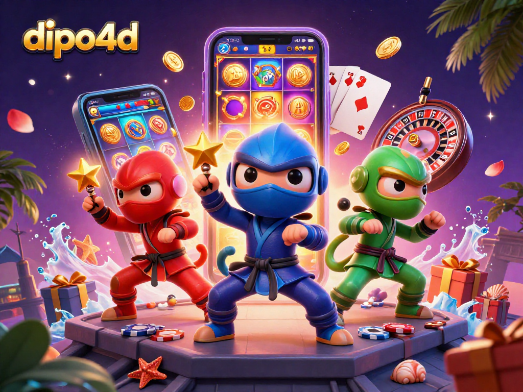DIPO4D features a dynamic team of chameleon ninjas in vibrant colors, engaging players with thrilling slot games.