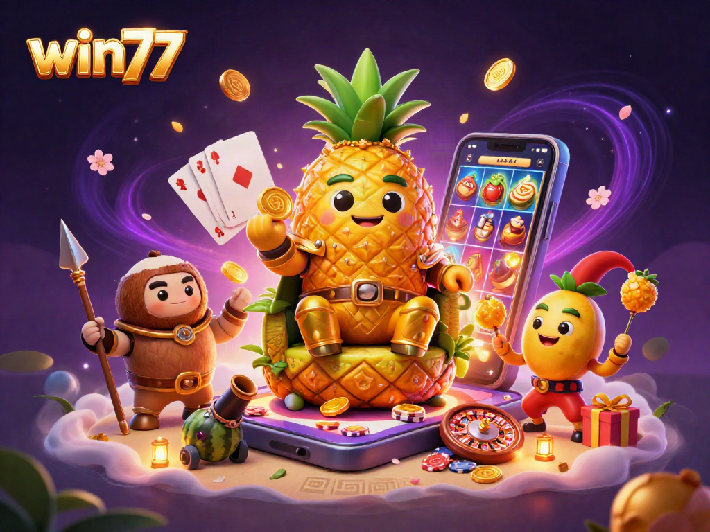 Mengalami petualangan seru dengan win77 saat bermain slot dengan karakter kartun dan elemen kasino lainnya.