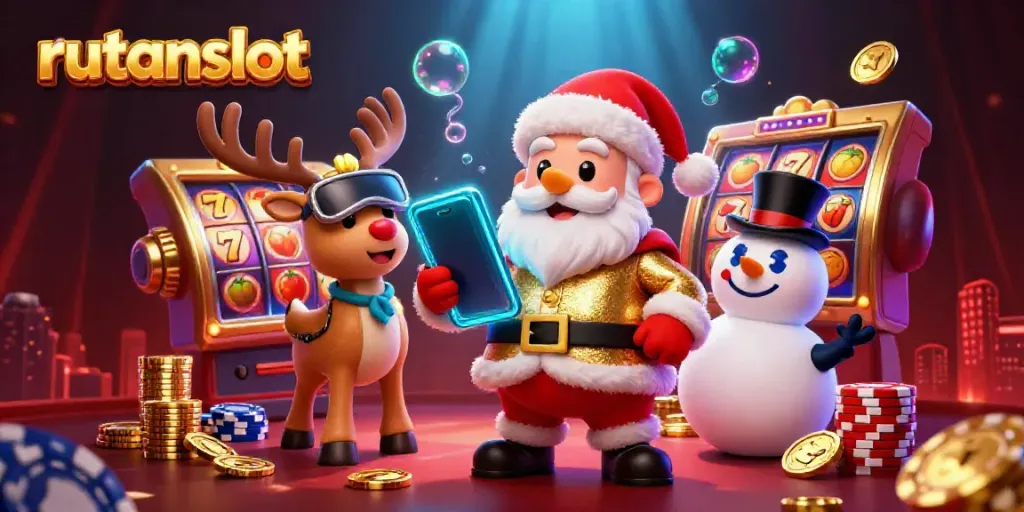 Memenangkan jackpot di rutanslot dengan Santa Claus dan teman-temannya di kasino bertema ceria.