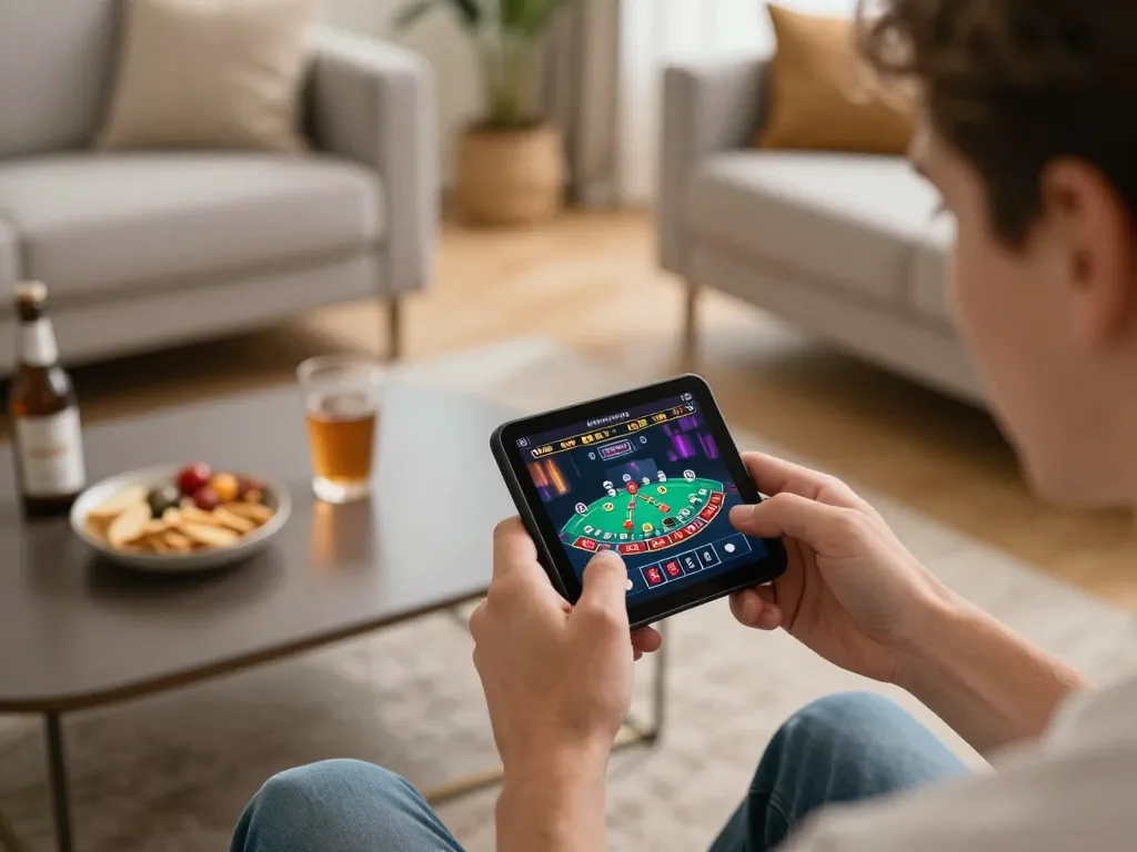 Engaging player using CM88 mobile betting app for strategic blackjack gameplay in a cozy setting.