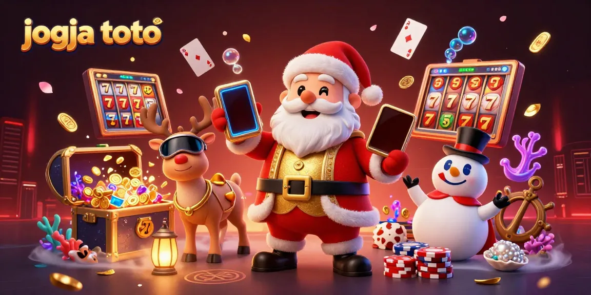 Spin to win with jogja toto's vibrant slots, featuring a cartoon Santa and casino fun!