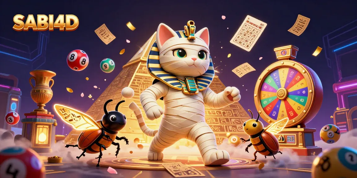 Taruhan angka dengan SABI4D, menampilkan kucing mummy 3D dan simbol keberuntungan di kasino