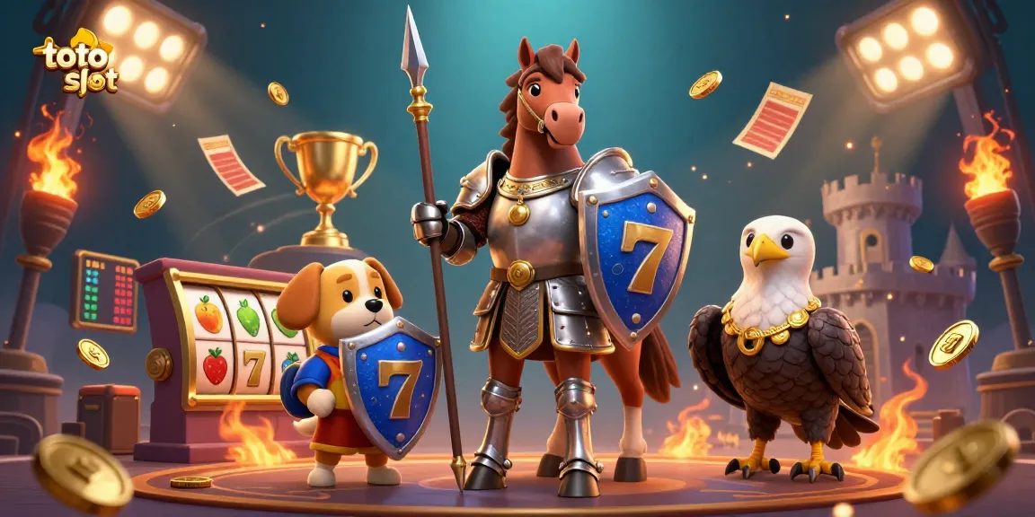 Toto slot themed gaming illustration featuring medieval knight, squire, and falcon with dynamic slot game elements.