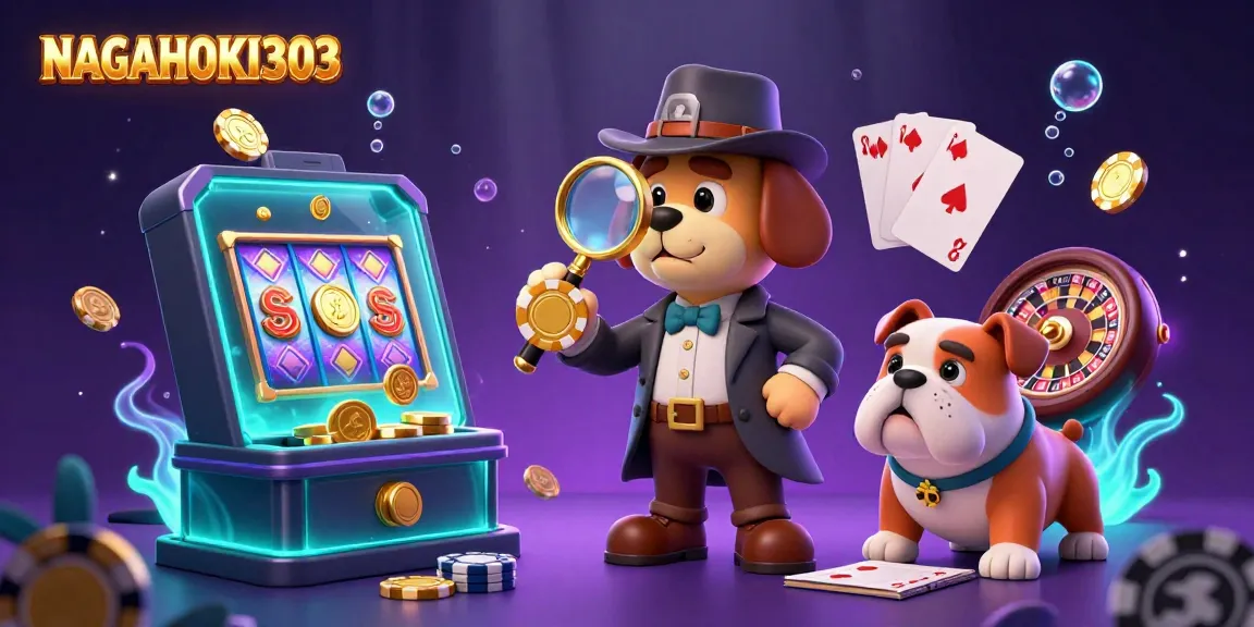 NAGAHOKI303 showcases a detective bloodhound and bulldog exploring golden poker chips amidst vibrant slot game elements.