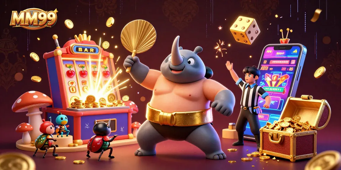 Experience thrilling moments at MM99 with a dynamic casino illustration featuring a beetle champion.