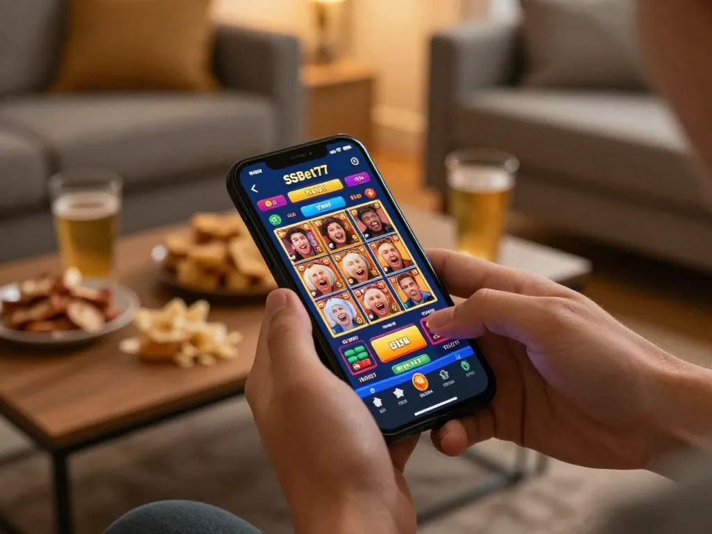 Experience thrilling gameplay on the SSBet77 app with vibrant slot actions in a cozy home setting.