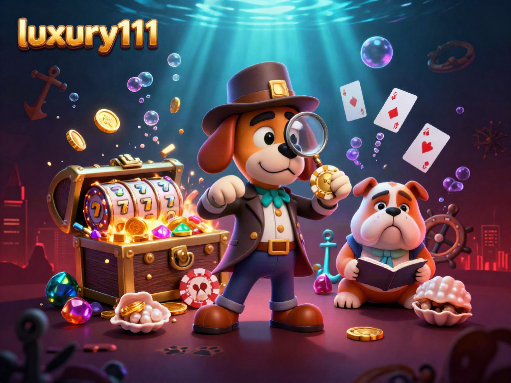 Investigate winning strategies in luxury111 with a fun 3D casino scene featuring playful characters.