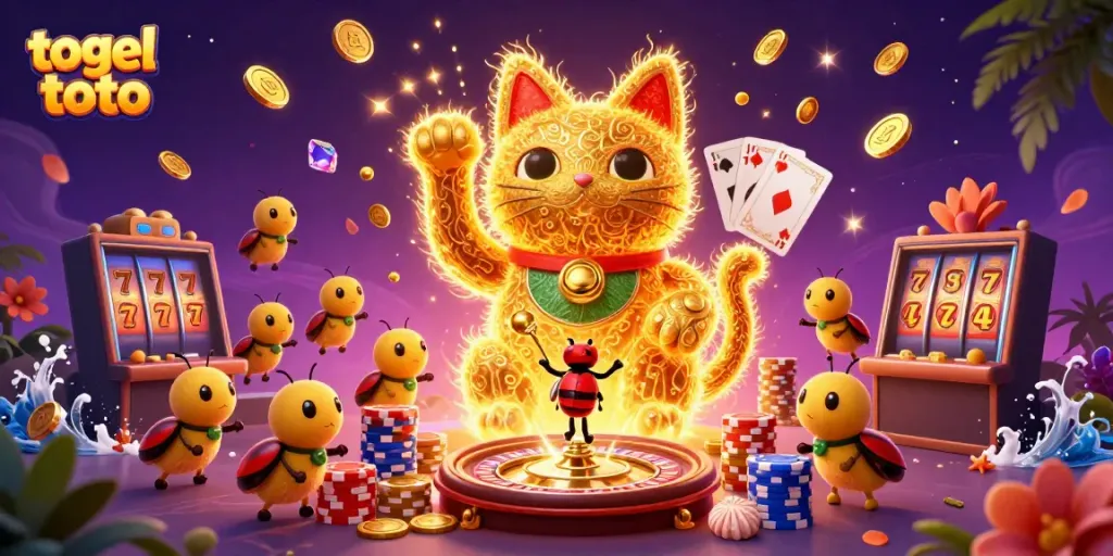 Menyaksikan togel toto dengan ikan hias emas dan simbol kasino secara dinamis merayakan kemenangan.