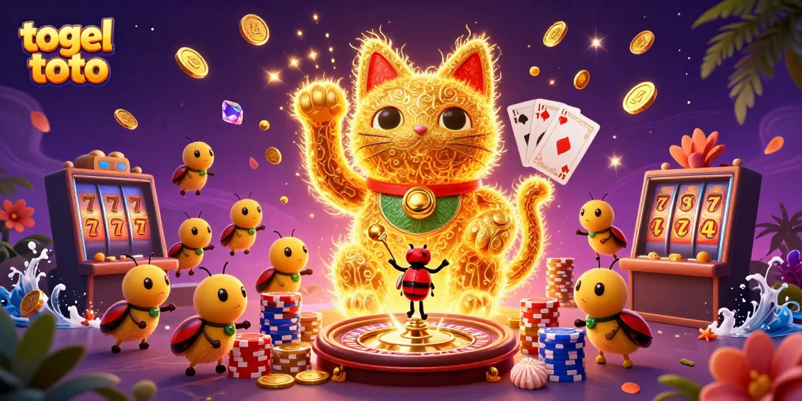Menyaksikan togel toto dengan ikan hias emas dan simbol kasino secara dinamis merayakan kemenangan.