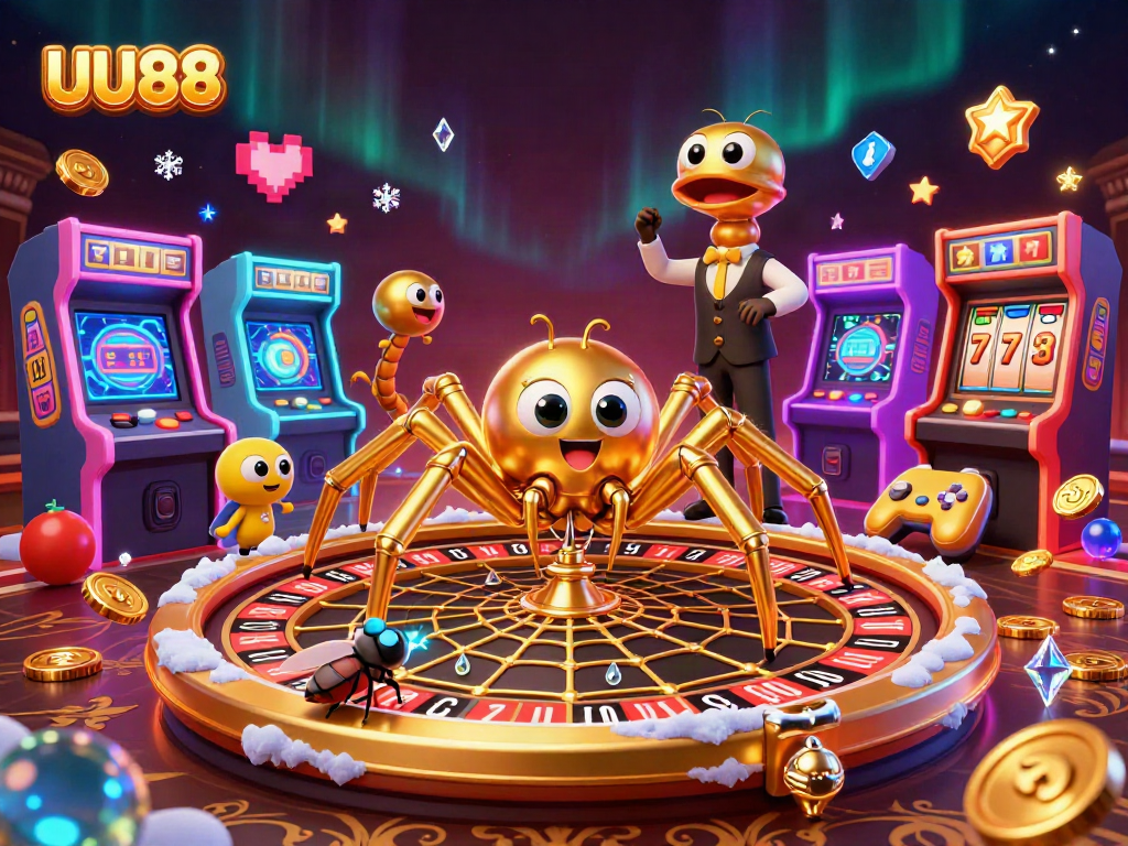 Experience thrilling gaming with UU88, a vibrant illustration featuring a roulette wheel web.