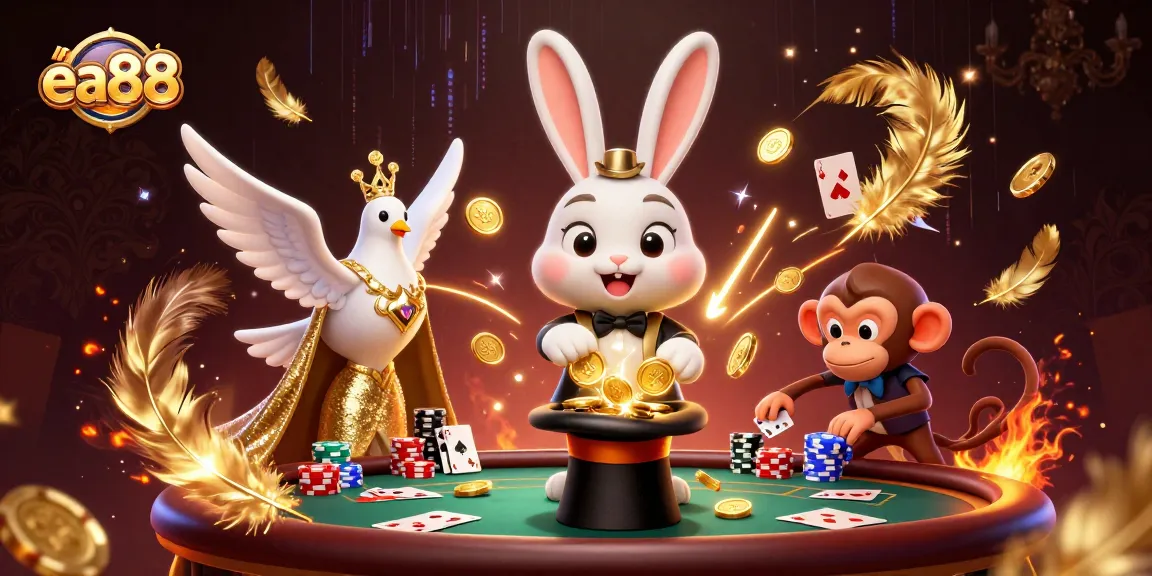 Experience thrilling poker action with ea88 featuring a magician rabbit and playful characters.